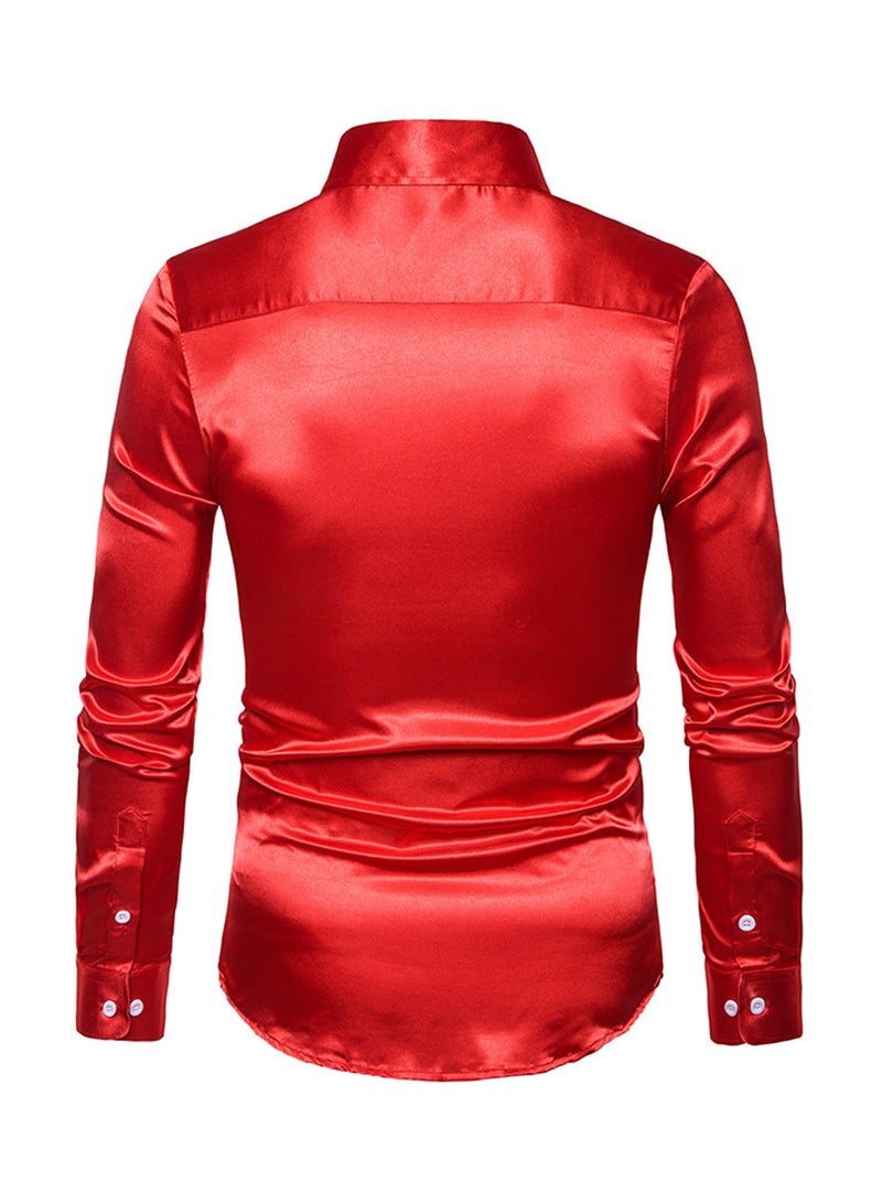 Casual Glossy Long Sleeve Lapel Shirt Red - Image 2