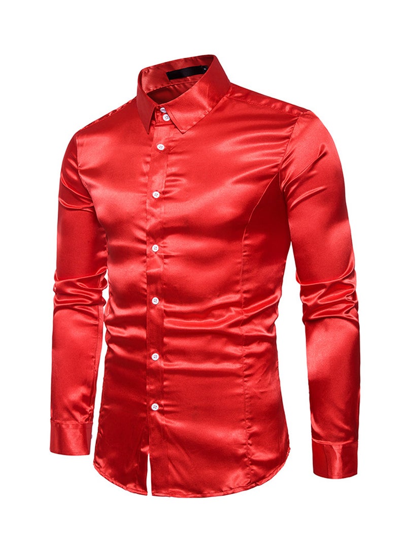 Casual Glossy Long Sleeve Lapel Shirt Red - Image 3