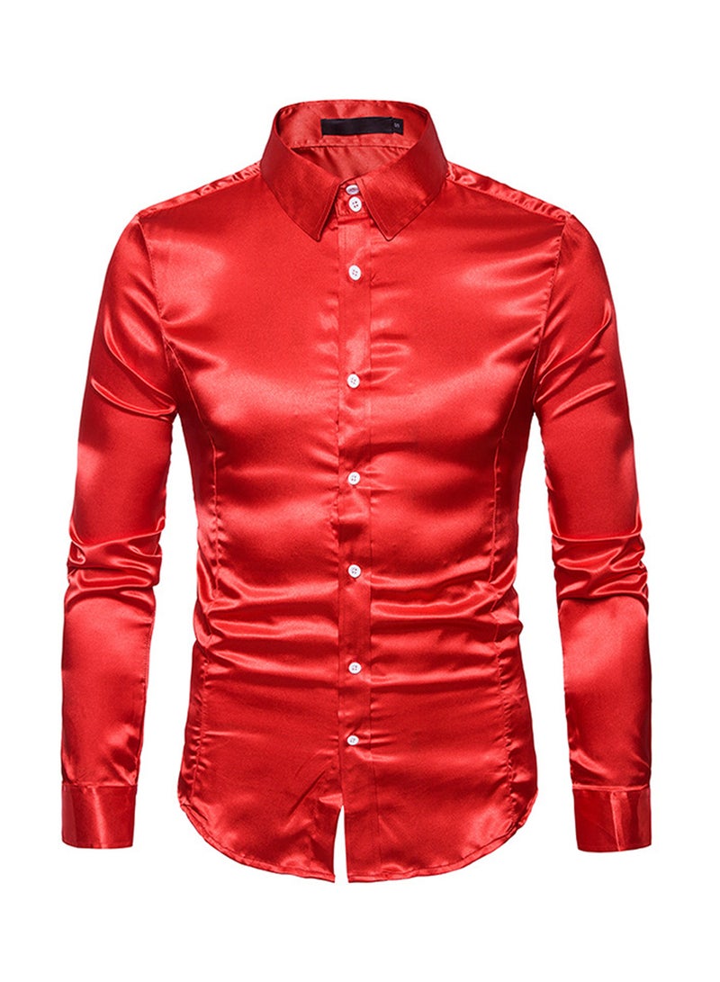 Casual Glossy Long Sleeve Lapel Shirt Red - Image 1