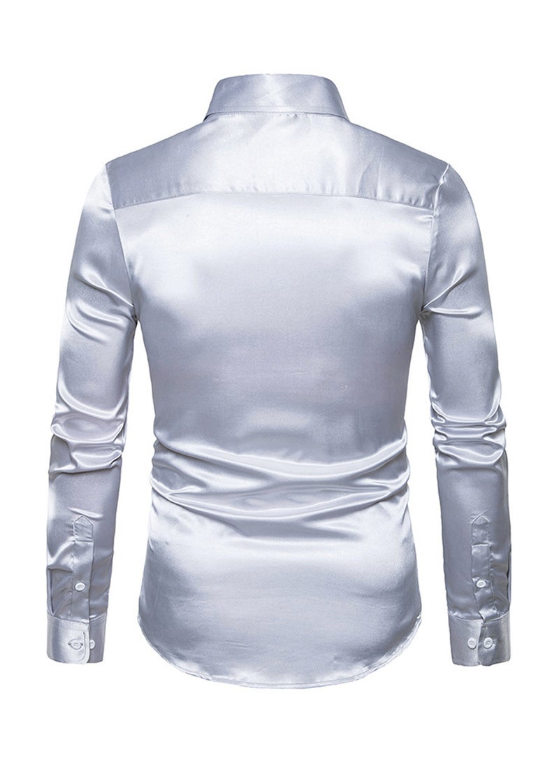 قميص كاجوال لامع بأكمام طويلة فضي - Image 2