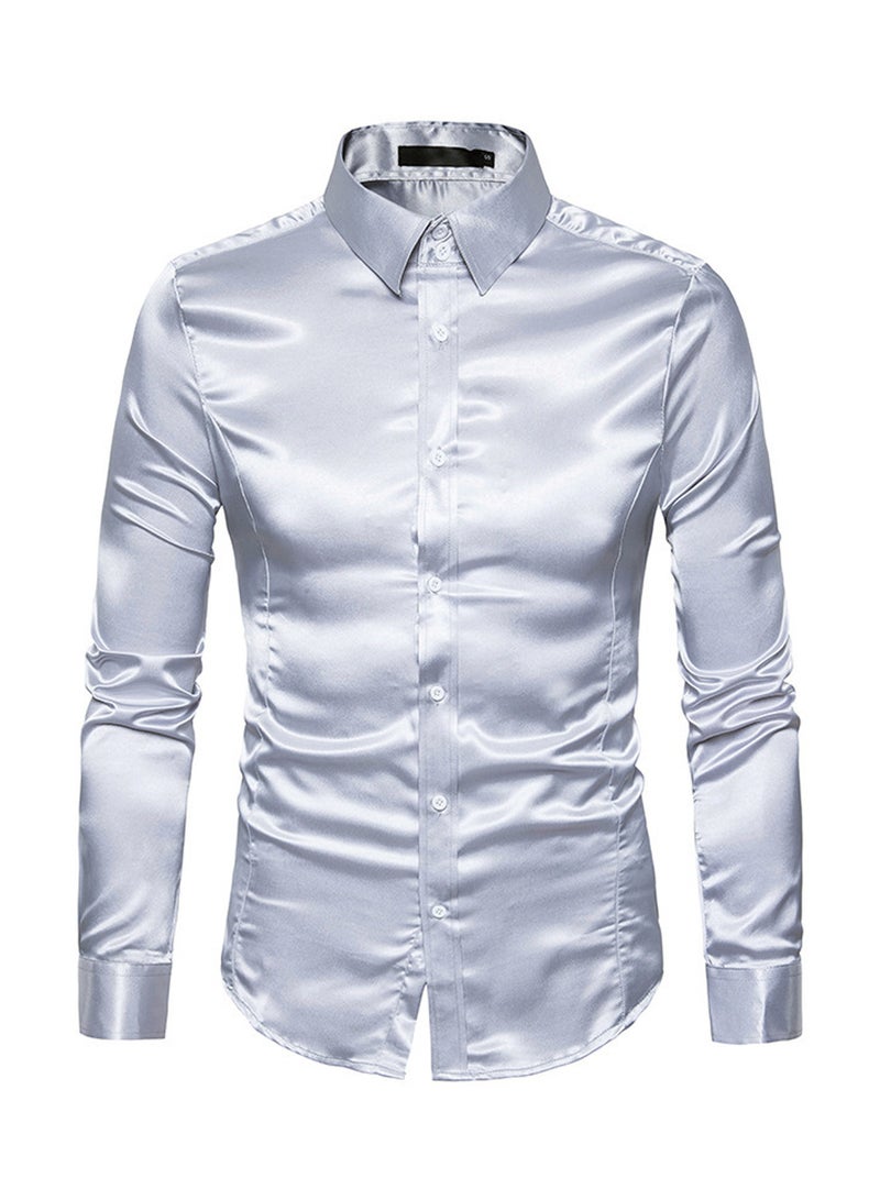 قميص كاجوال لامع بأكمام طويلة فضي - Image 1