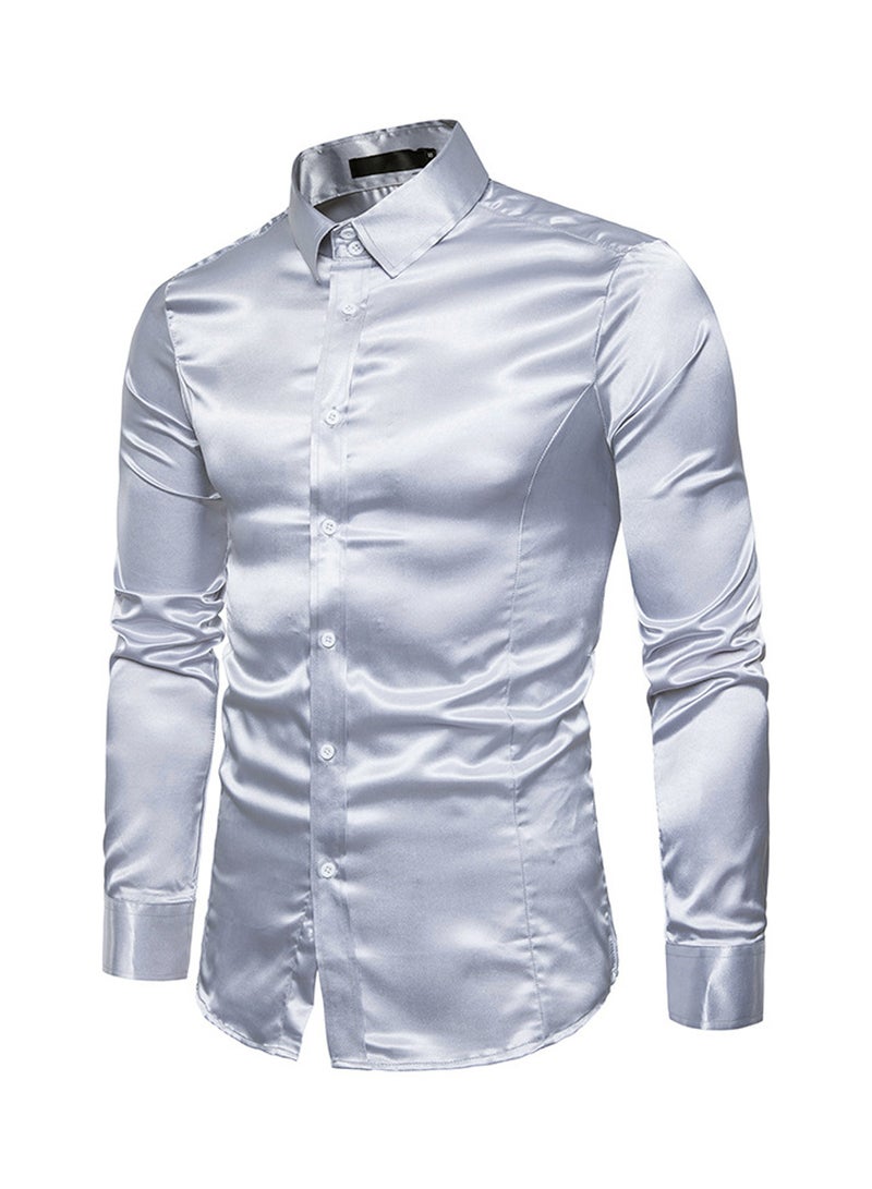 قميص كاجوال لامع بأكمام طويلة فضي - Image 3