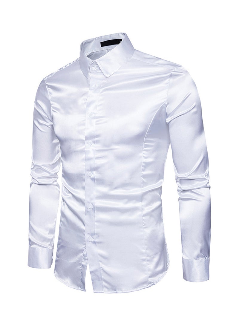 قميص كاجوال لامع بأكمام طويلة أبيض - Image 3