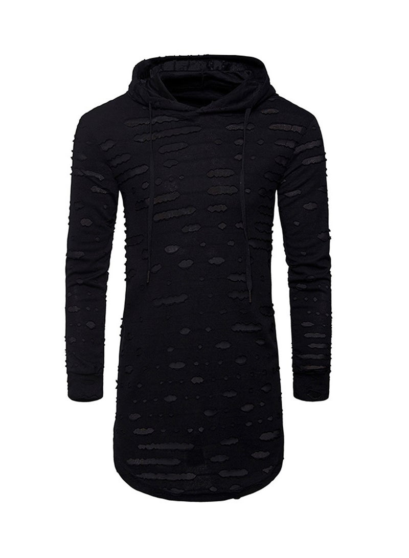 Long Sleeve Pullover Sports Hooded T-Shirt Black - Image 1