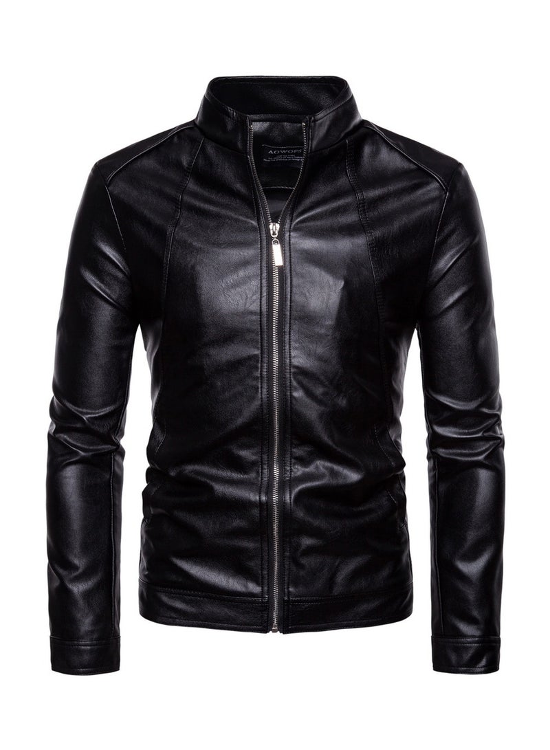 Stand Collar Washed PU Leather Jacket Black  - Image 1