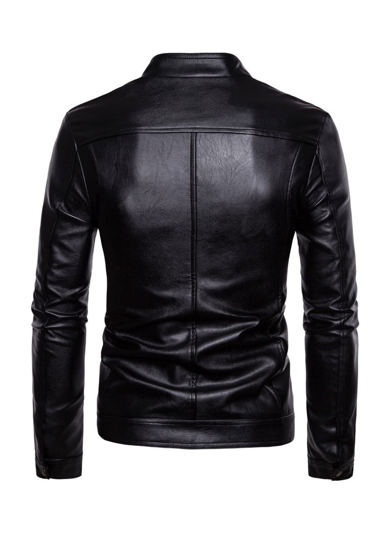Stand Collar Washed PU Leather Jacket Black  - Image 2
