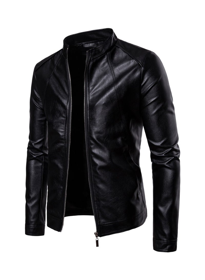 Stand Collar Washed PU Leather Jacket Black  - Image 3