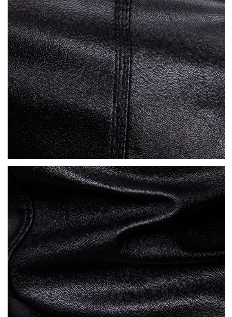 Stand Collar Washed PU Leather Jacket Black  - Image 4