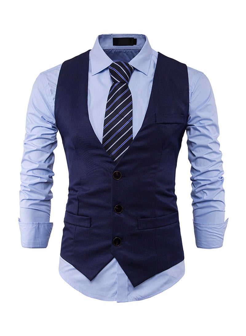 Generic - Solid Single Row Three Button Waistcoat Navy - Image 1