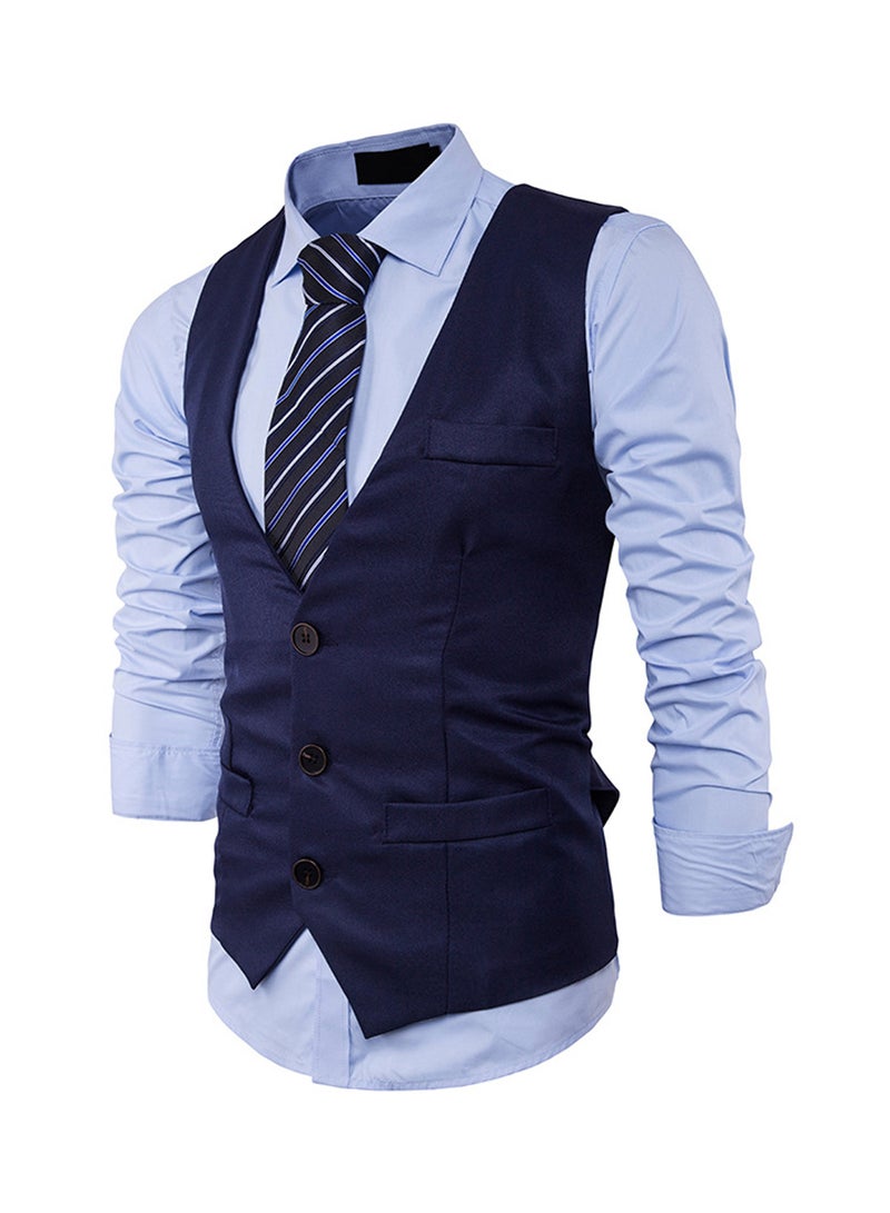 Generic - Solid Single Row Three Button Waistcoat Navy - Image 1
