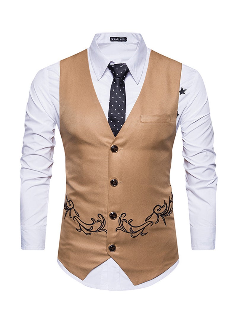 Embroidered Sleeveless Waistcoat Khaki  - Image 1