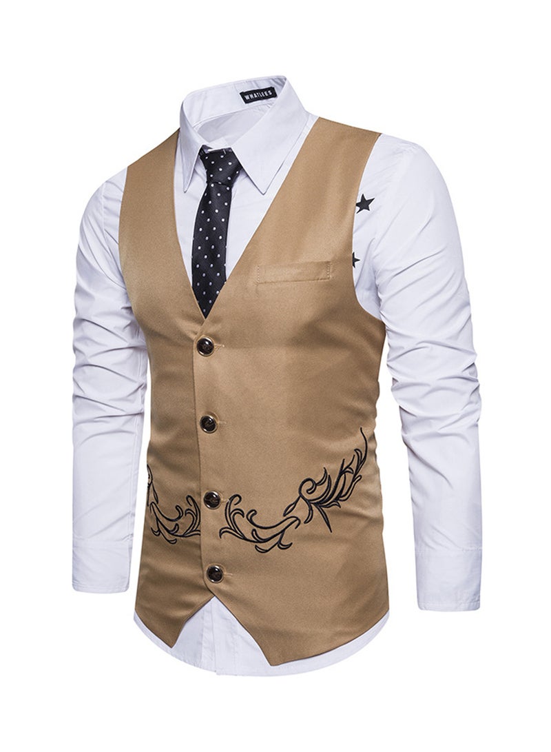 Embroidered Sleeveless Waistcoat Khaki  - Image 3