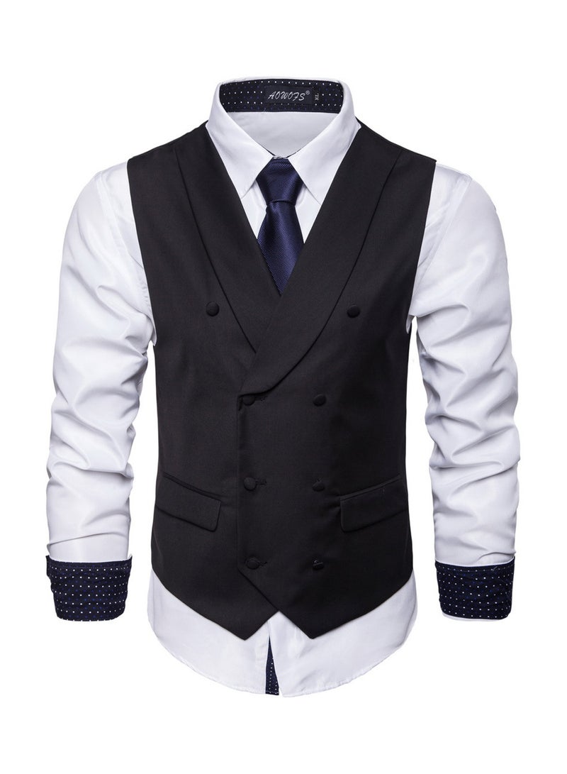 Solid Double-breasted Business Waistcoat Black  - Image 1