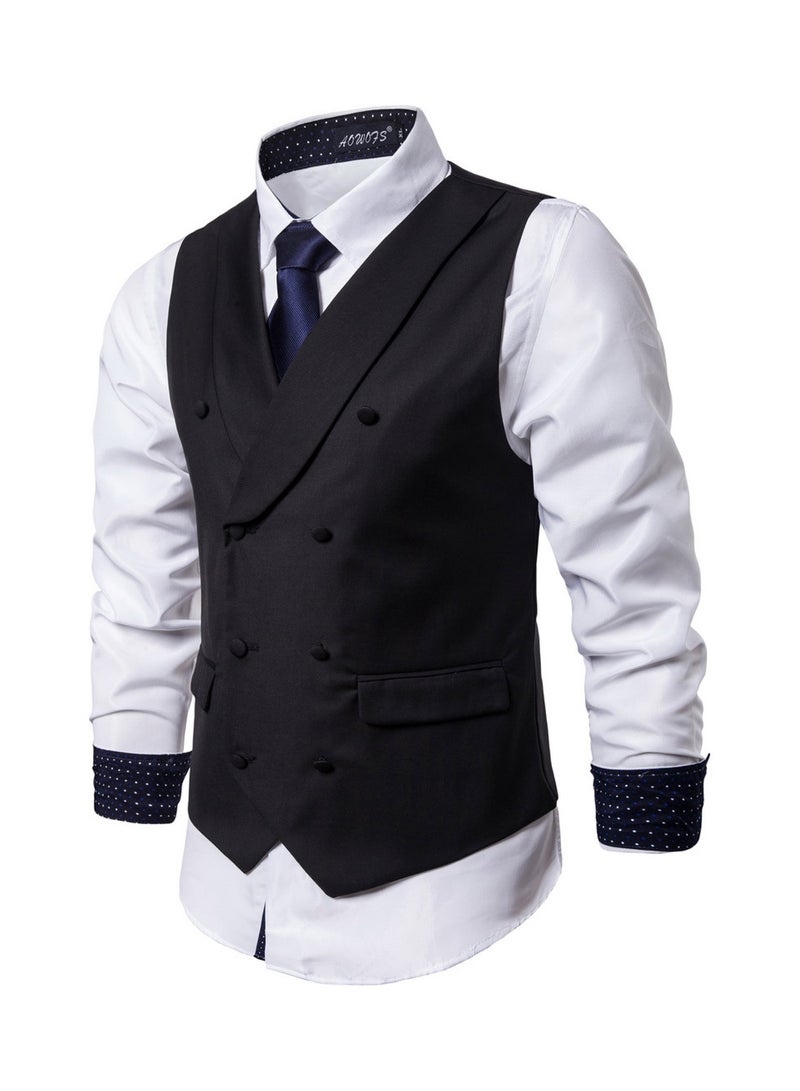 Solid Double-breasted Business Waistcoat Black  - Image 3