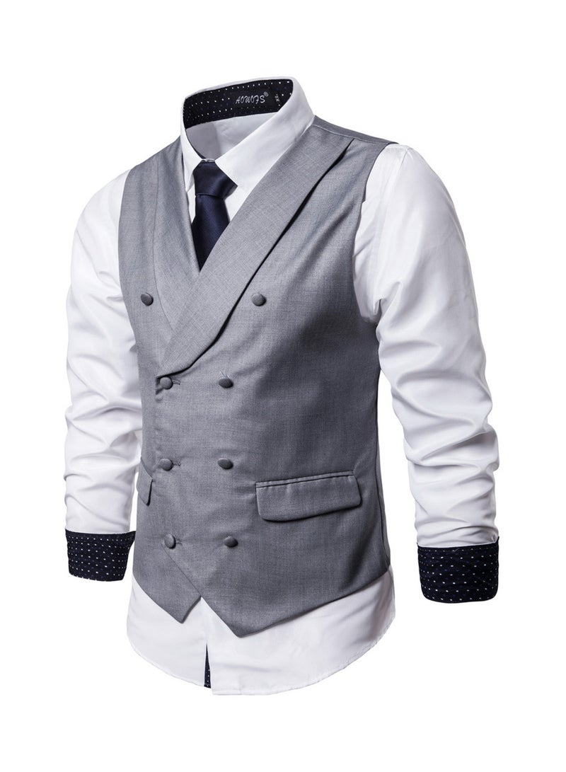 جاكيت بدلة للعمل سادة بصفي أزرار رمادي - Image 3