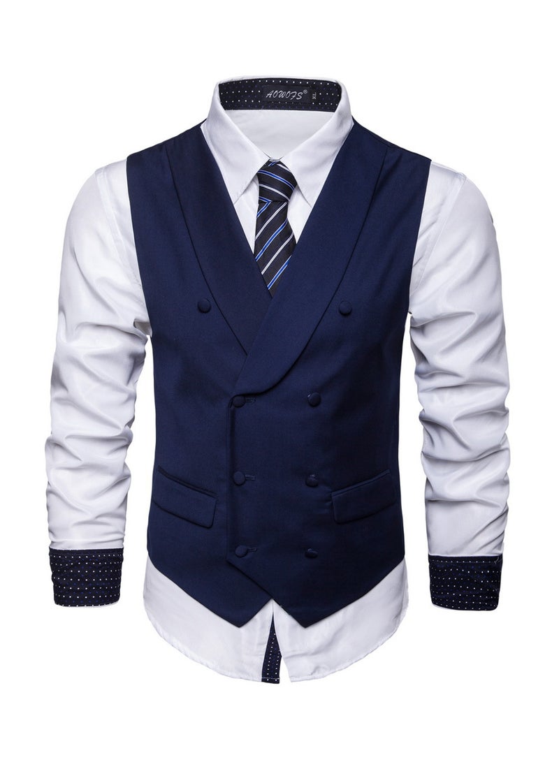 Generic - Solid Double-breasted Business Waistcoat Navy - Image 1