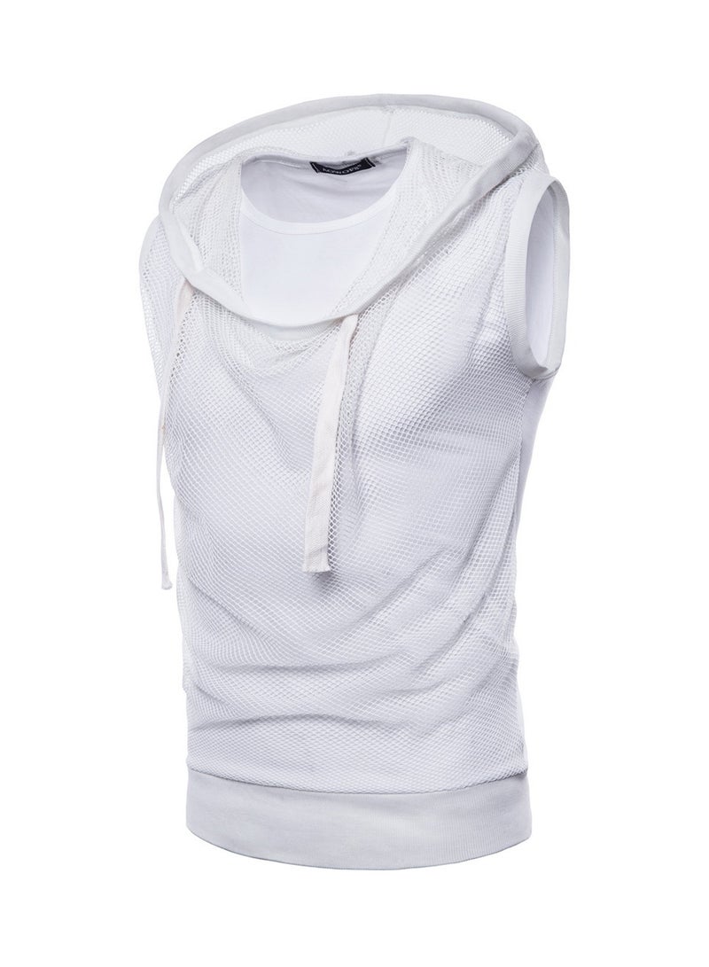 Hooded Sleeveless Mesh Fabric T-Shirt White  - Image 1