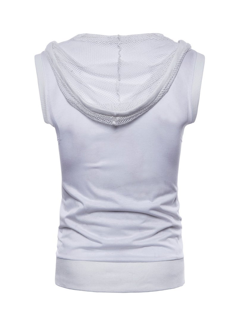 Hooded Sleeveless Mesh Fabric T-Shirt White  - Image 2