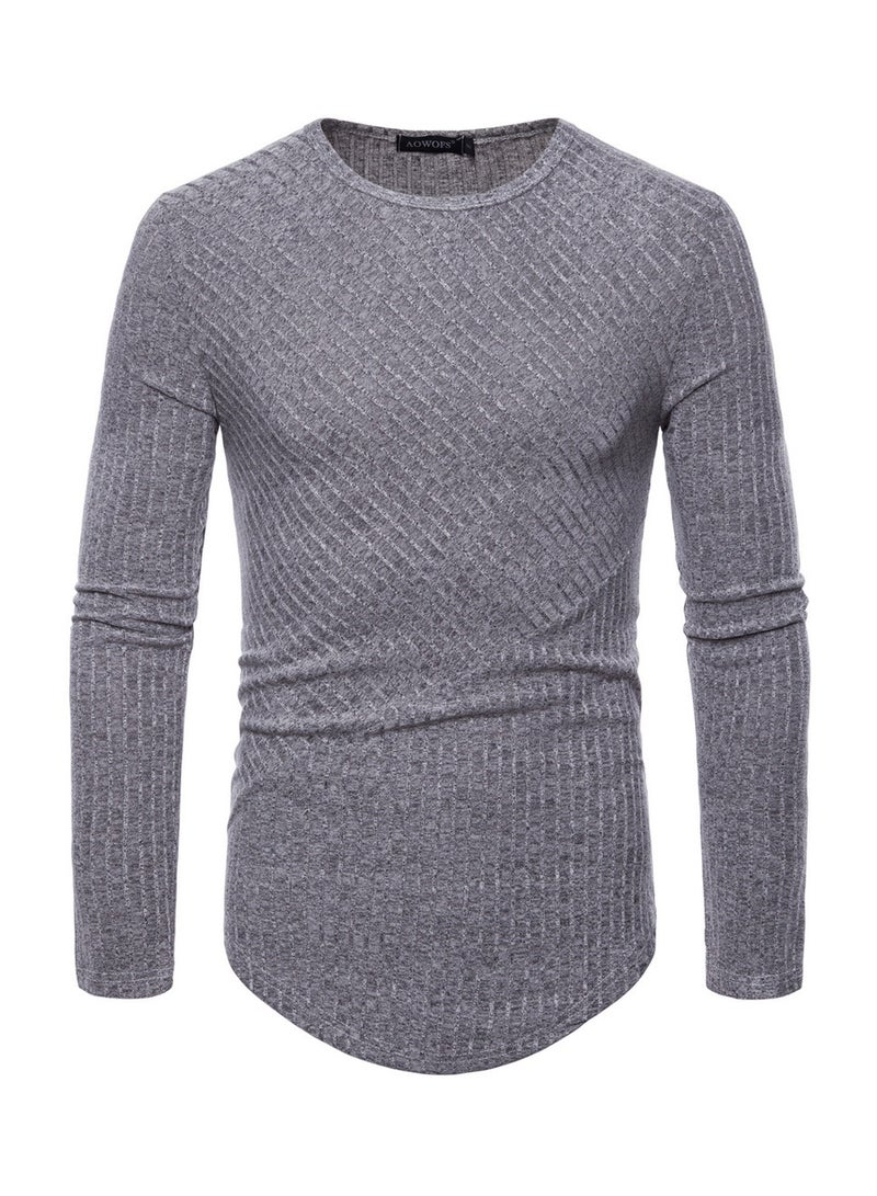 Round Neck Knit Long Sleeve T-Shirt Grey - Image 1