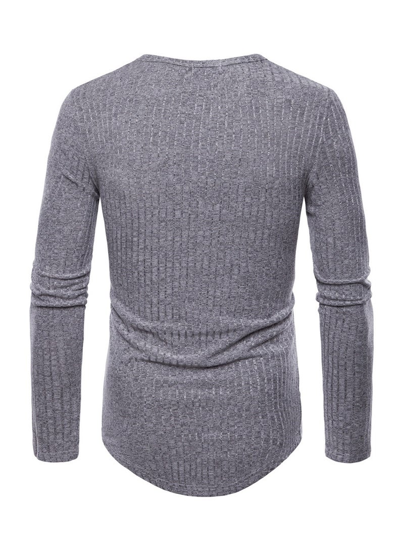 Round Neck Knit Long Sleeve T-Shirt Grey - Image 2