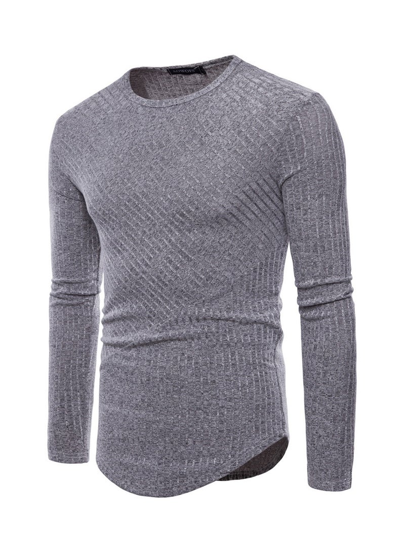 Round Neck Knit Long Sleeve T-Shirt Grey - Image 3