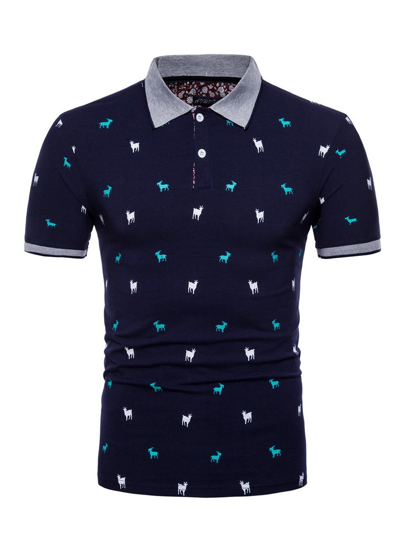 Lapel Print Short-Sleeve Polo T-Shirt Navy/Green/Grey - Image 1