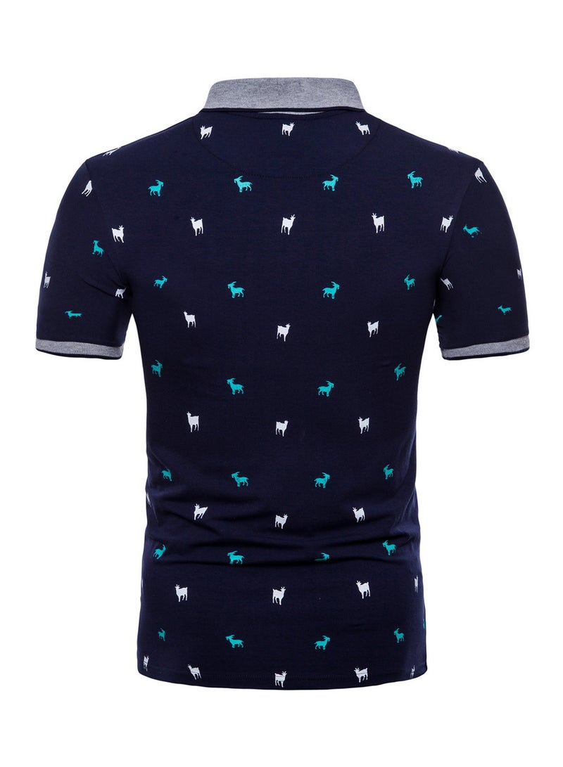 Lapel Print Short-Sleeve Polo T-Shirt Navy/Green/Grey - Image 2