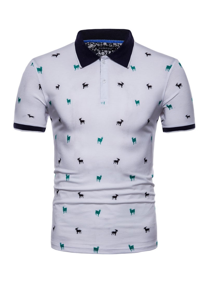 Lapel Print Short-Sleeve Polo T-Shirt White/Green/Black - Image 1