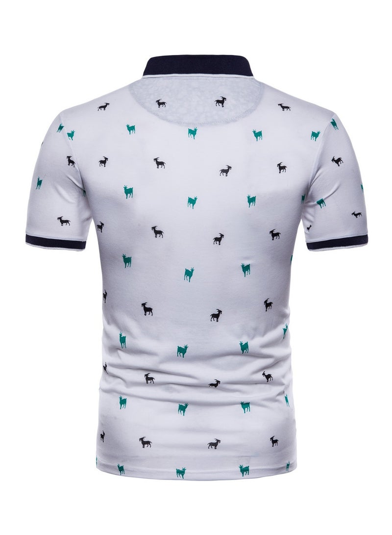 Lapel Print Short-Sleeve Polo T-Shirt White/Green/Black - Image 2