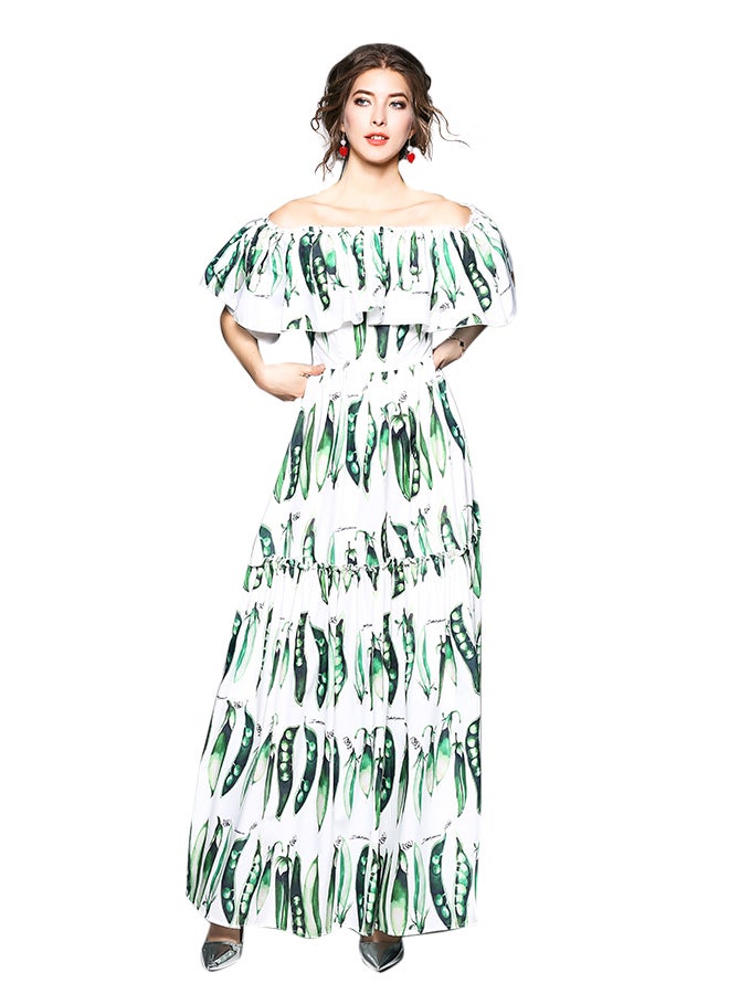 Y&D Print Pattern Short Sleeve Straight Maxi Dress Green/White  - Image 1