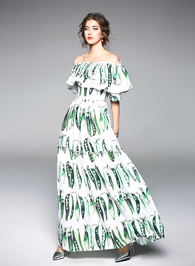 Y&D Print Pattern Short Sleeve Straight Maxi Dress Green/White  - Image 5