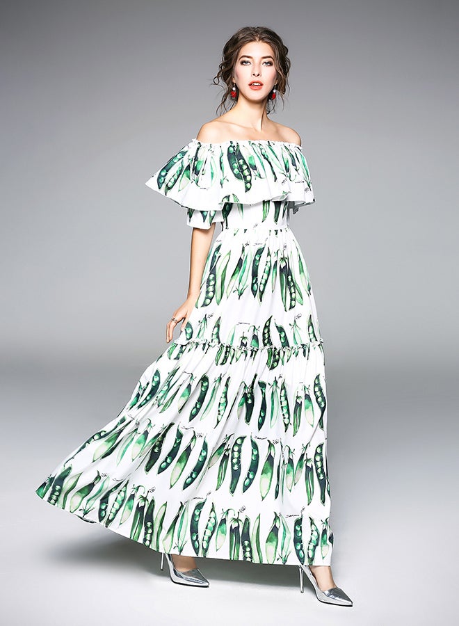 Y&D Print Pattern Short Sleeve Straight Maxi Dress Green/White  - Image 4