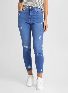 Sculpted High-Rise Distressed Skinny Jeans Blue