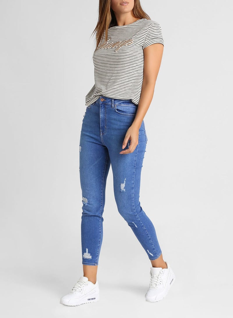 FOREVER 21 - Sculpted High-Rise Distressed Skinny Jeans Blue - Image 1