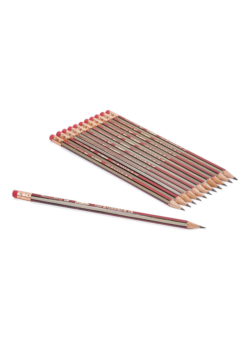FABER-CASTELL - Dessin 2001 Graphite HB Pencils With Tip Eraser Red/Gold - Image 1
