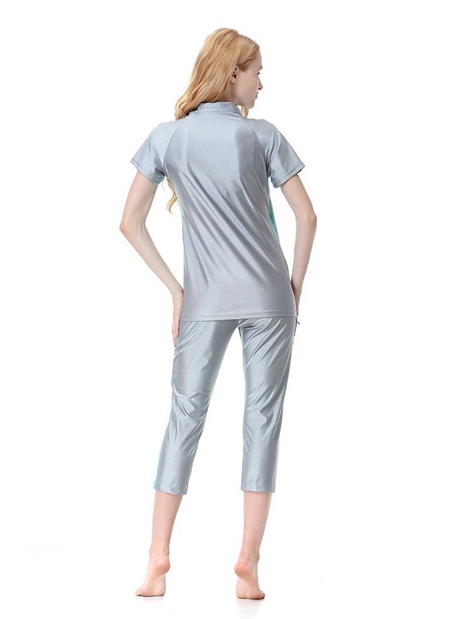 2-Pieces Padded Patchwork Modest Islamic Swimwear 1062919QQ Grey/Blue  - Image 2