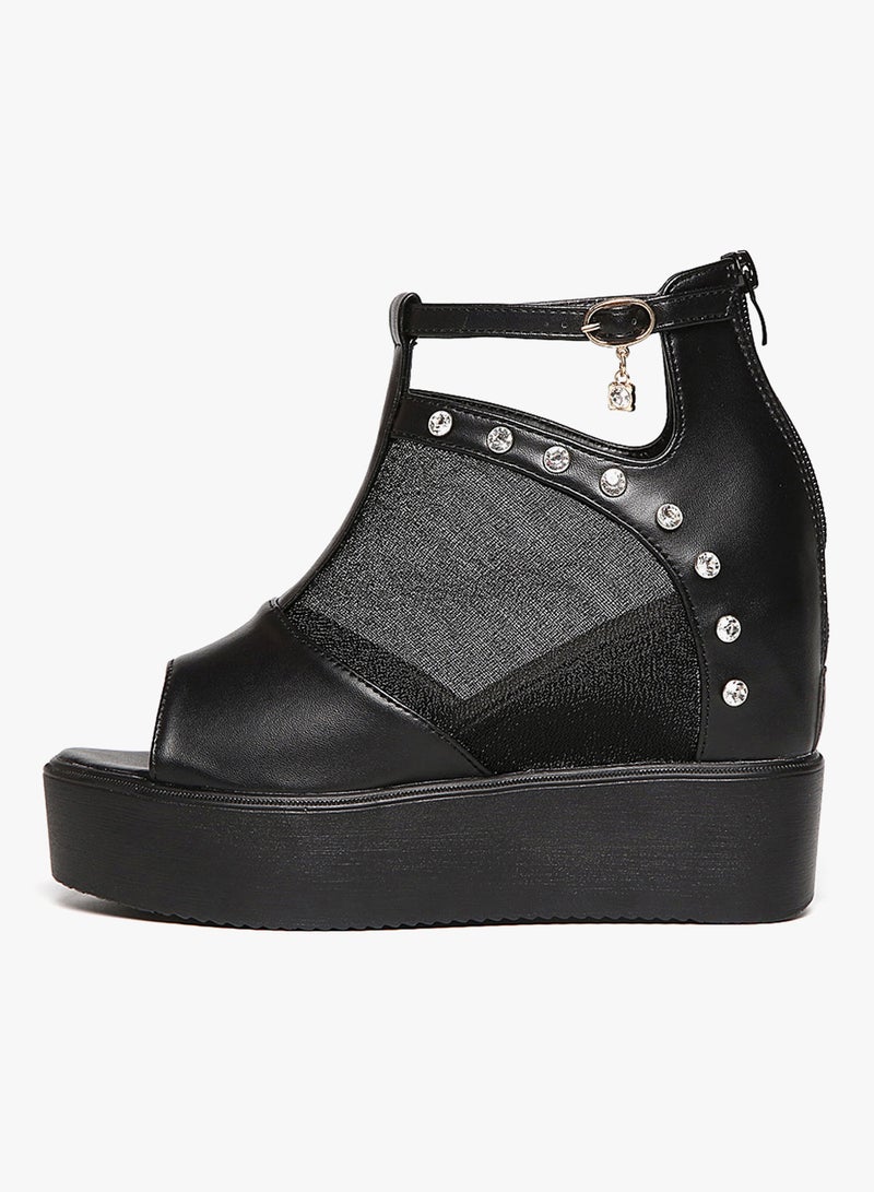 2018 New Fashion New Loop Cut Out Wedge Sandals Black - Image 2