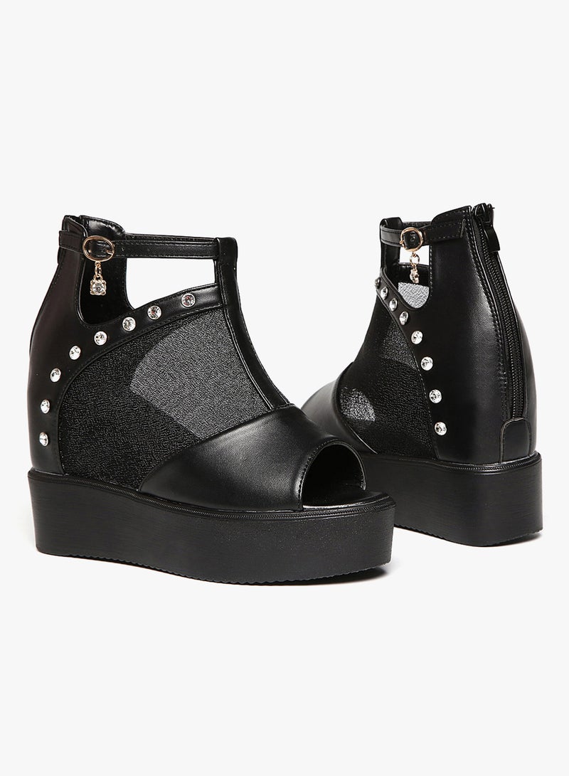 2018 New Fashion New Loop Cut Out Wedge Sandals Black - Image 5