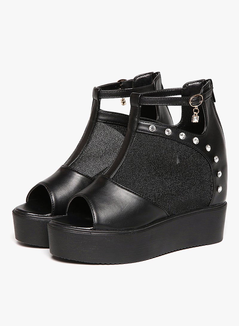 2018 New Fashion New Loop Cut Out Wedge Sandals Black - Image 4