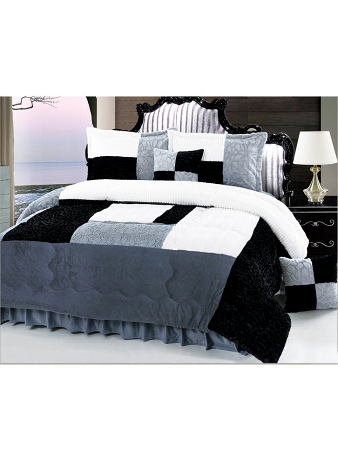 Senoures 6-Piece Velour Comforter Set Velvet Grey/White/Black