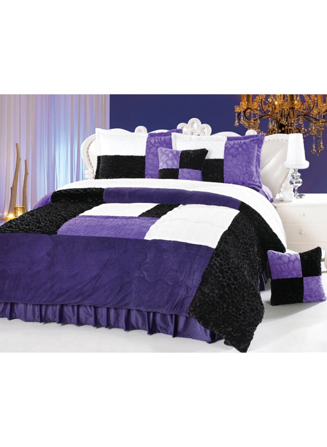 Senoures 6-Piece Velour Comforter Set Velvet Purple/White/Black