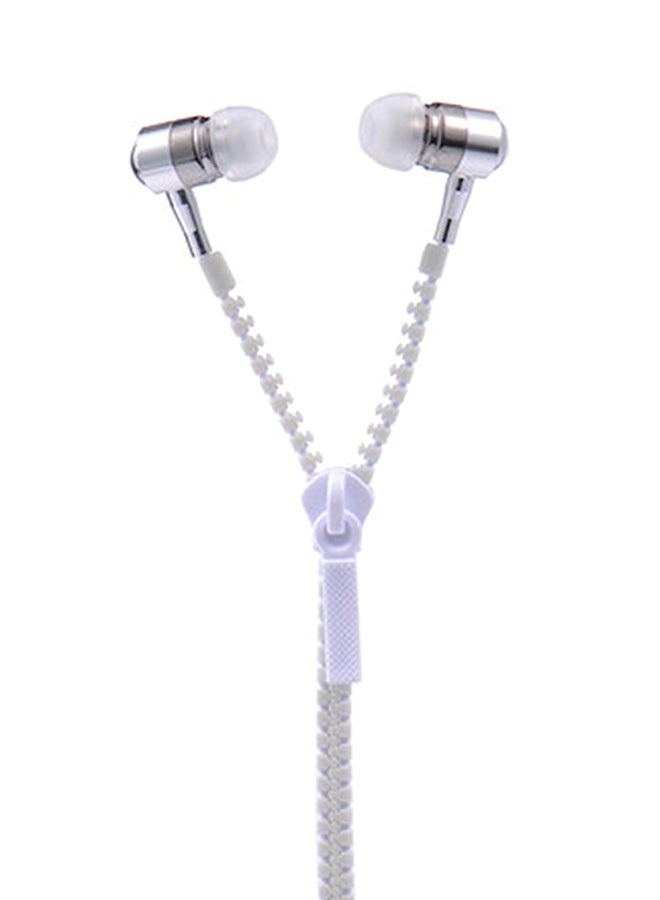 In Ear Zipper Earphones With Microphone White/Silver