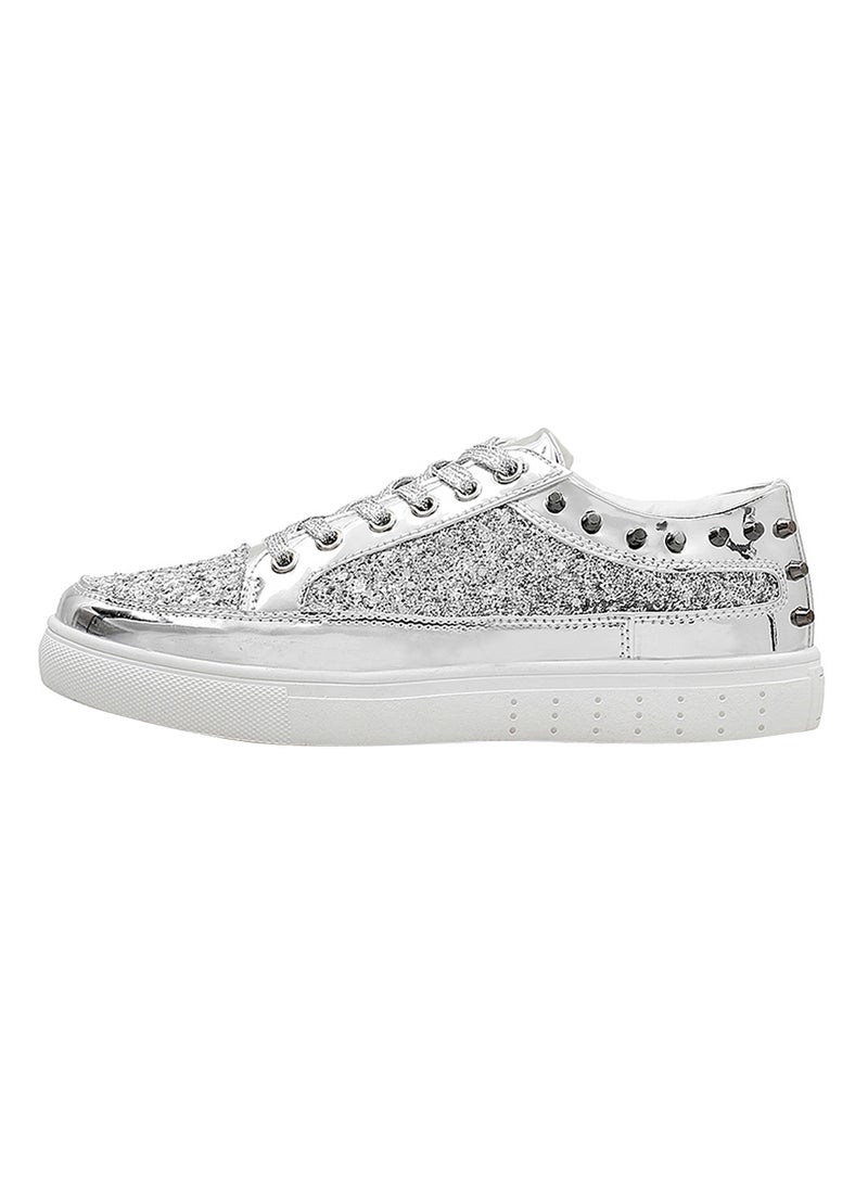 Glitter Shinny Leather Lace Up Trainers Fatt-Tom-1041 Silver  - Image 1