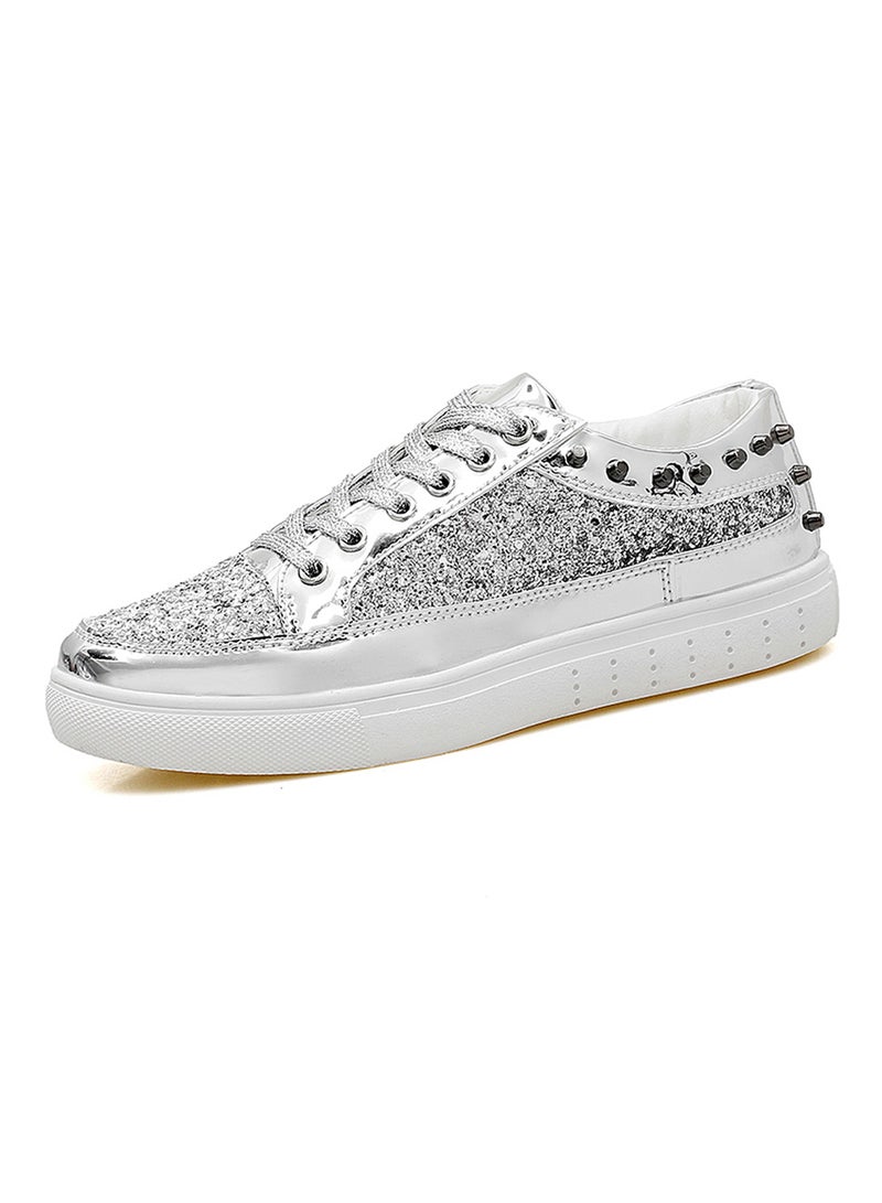 Glitter Shinny Leather Lace Up Trainers Fatt-Tom-1041 Silver  - Image 2