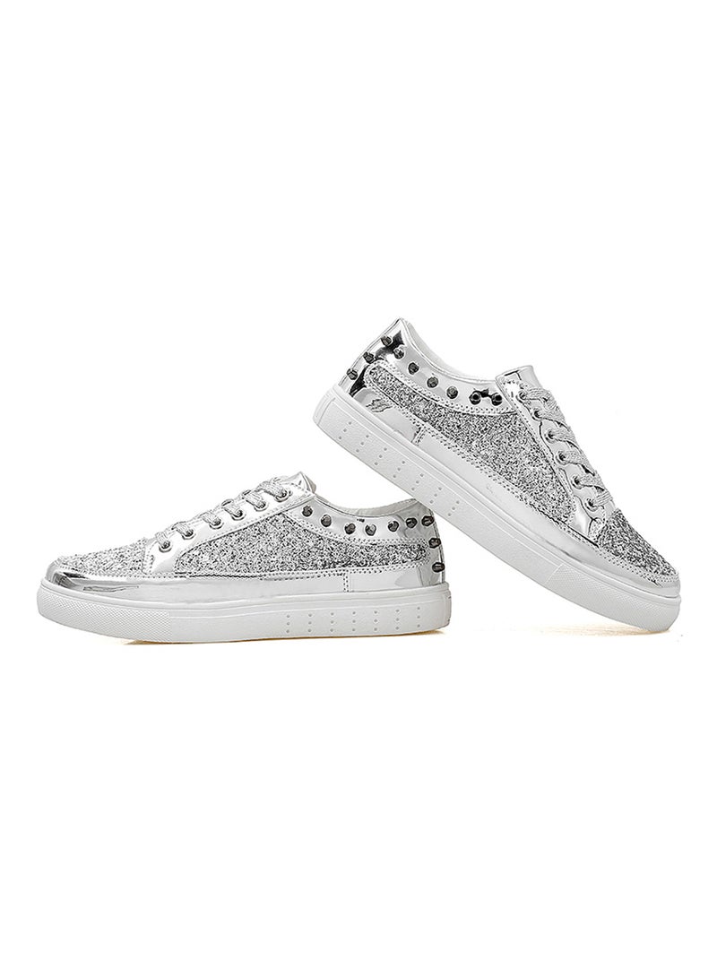 Glitter Shinny Leather Lace Up Trainers Fatt-Tom-1041 Silver  - Image 3