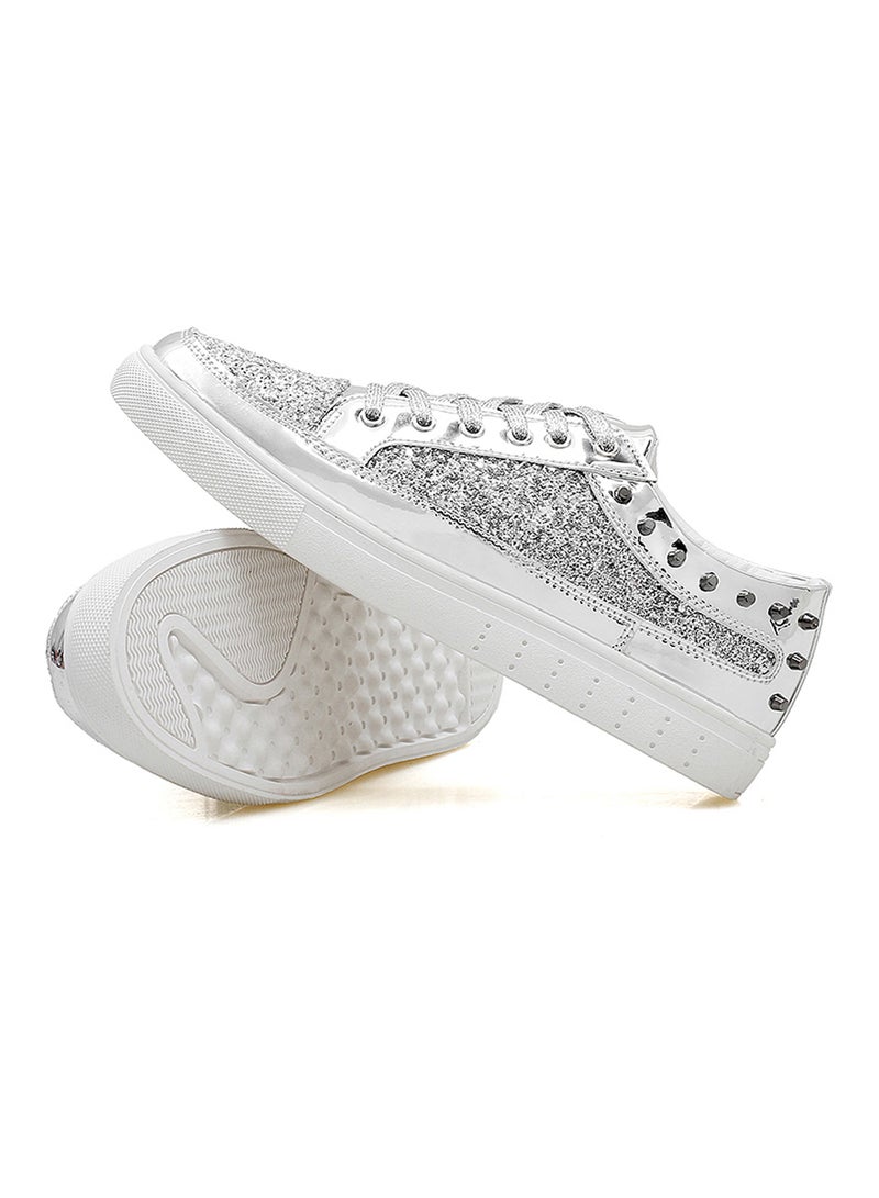 Glitter Shinny Leather Lace Up Trainers Fatt-Tom-1041 Silver  - Image 4