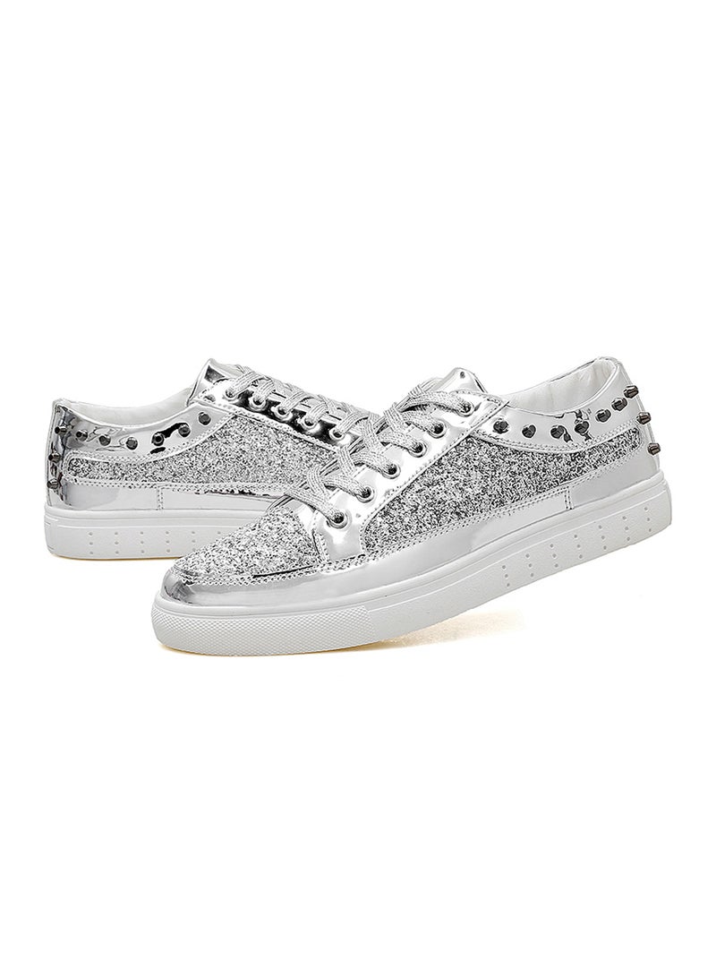Glitter Shinny Leather Lace Up Trainers Fatt-Tom-1041 Silver  - Image 5