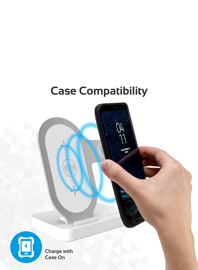 PROMATE - Wireless Charging Stand, Portable Aluminium Dual 10W Qi Fast Wireless Charging Dock with Anti-Slip Surface, USB Port and Over-Charging Protection for Apple Watch Series 1/2/3, iPhone X, Samsung S9, AuraBase White White - Image 1