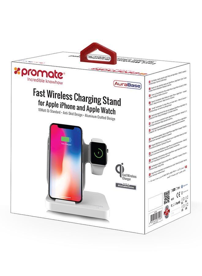 PROMATE - Wireless Charging Stand, Portable Aluminium Dual 10W Qi Fast Wireless Charging Dock with Anti-Slip Surface, USB Port and Over-Charging Protection for Apple Watch Series 1/2/3, iPhone X, Samsung S9, AuraBase White White - Image 1
