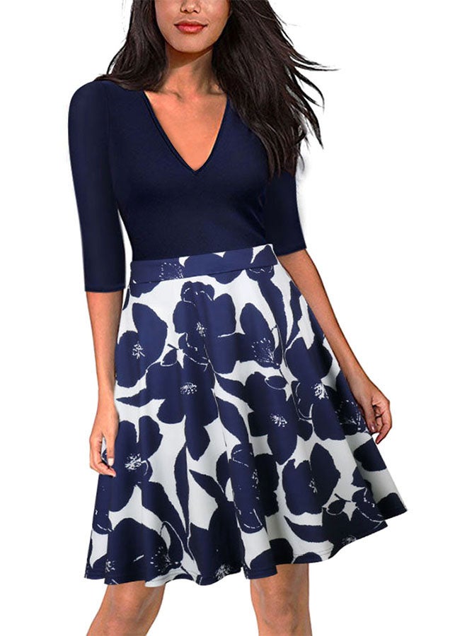 Flare Floral Print Contrast Mini Dress Blue - Image 1